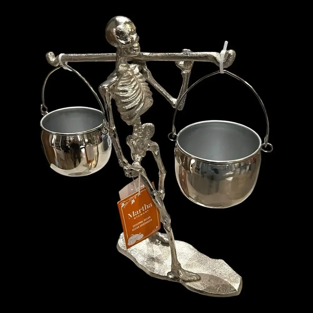 Martha Stewart Halloween Skeleton With Hanging Cauldron Bowls Silvertone
